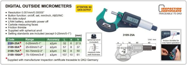 Digital Outside Micrometer 50-75mm/2-3" Insize 3109-75A-24912