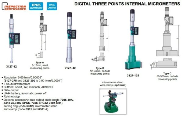 Digital Three Points Internal Micrometer (with setting ring) 20-25mm/0.79-0.98" Insize 3127-25-25088