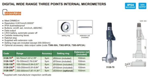 Digital Wide Range Three Points Internal Micrometer (with setting ring) 100-150mm/3.94-5.91" Insize 3128-150-25146