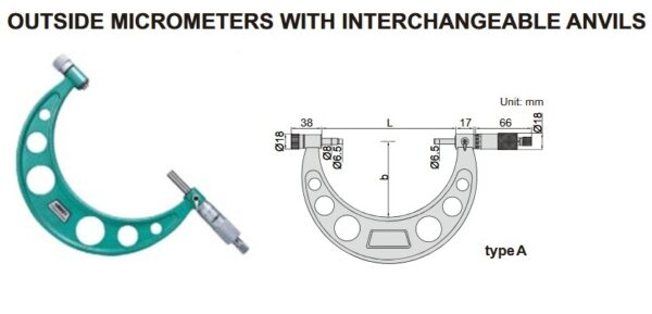 Outside Micrometer With Interchangeable Anvils 150-300mm Insize 3206-300A-0