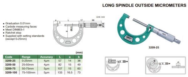 Long Spindle Outside Micrometer 75-100mm Insize 3209-100-25670