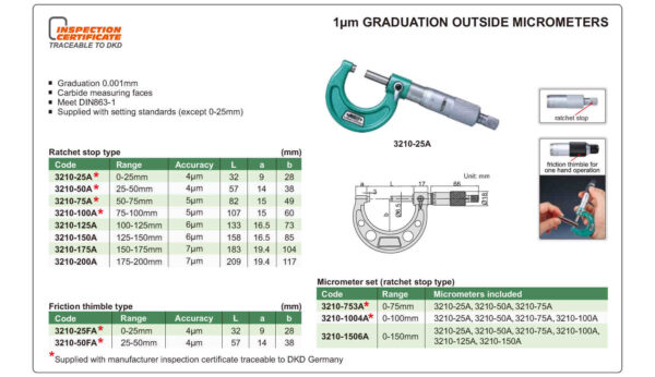 1µm Graduation Outside Micrometer Set 0-150mm Insize 3210-1506A-25239