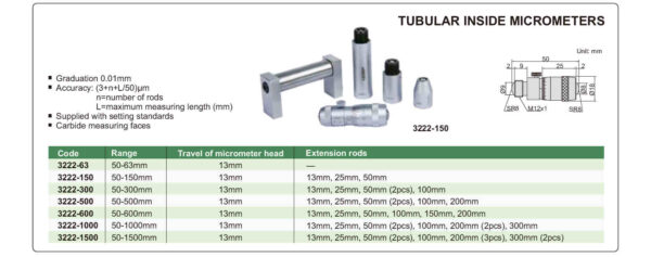 Tubular Inside Micrometer 50-1500mm Insize 3222-1500-25355