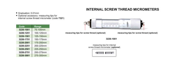 Internal Micrometer With Interchangeable Anvils 175-200mm Insize 3226-2001-25407
