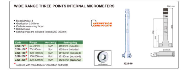 Wide Range Three Points Internal Micrometer (without setting ring) 200-300mm Insize 3228-300-25477