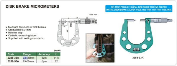 Disk Brake Micrometer 25-50mm Insize 3288-50A-25839