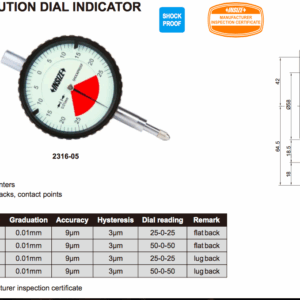 One Revolution Dial Indicator (1 mm, 0.01 mm) Flat back Insize 2316-1F-0