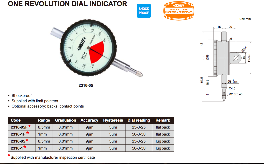 One Revolution Dial Indicator Range 1mm, lug back Insize 2316-1-0