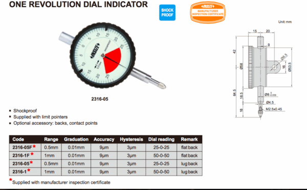 One Revolution Dial Indicator (1 mm, 0.01 mm) Flat back Insize 2316-1F-24459