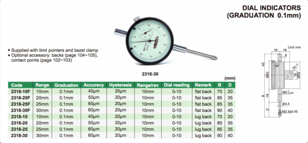 Dial Indicator (30 mm, 0.01 mm) Flat back Insize 2318-30F-0