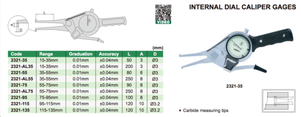 Internal Dial Caliper Gage (jaw length 90mm) Range 55-75mm Insize 2321-75-24548