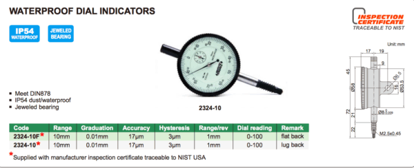 Waterproof Dial Indicator Range 10mm (lug back) Insize 2324-10-24631