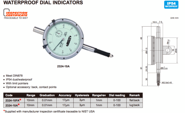Waterproof Dial Indicator Range 10mm (Flat back) Insize 2324-10FA-24637