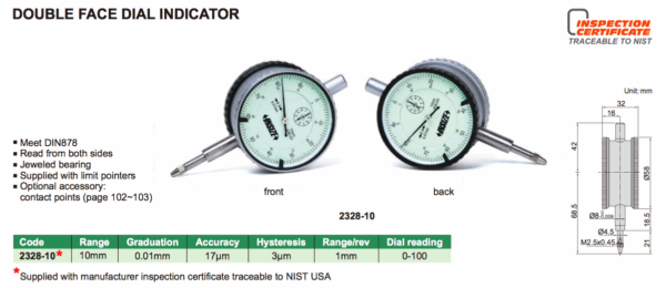 Double Face Dial Indicator Range 10mm Insize 2328-10-24639