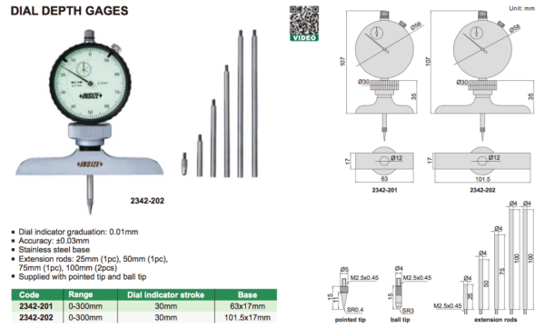 Dial Depth Gage 0-300mm Insize 2342-202-24810