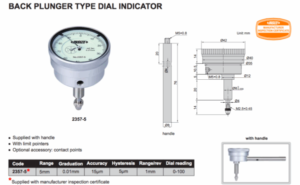 Back Plunger Type Dial Indicator 5mm Insize 2357-5-24820