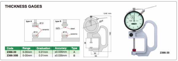 Thickness Gage (spherical -flat tips) 0-30mm Insize 2366-30B-24897