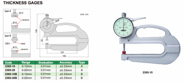 Thickness Gage (spherical -flat tips) 0-20mm Insize 2365-20B-24893