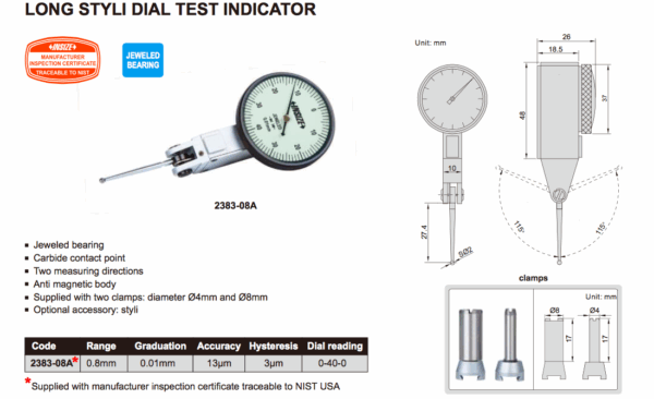 Long Styli Dial Test Indicator 0.8mm Insize 2383-08A-25150
