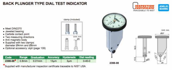Back Plunger Type Dial Test Indicator 0-0.8mm Insize 2398-08-25261