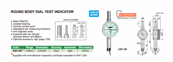 Round Body Dial Test Indicator 0.8mm Insize 2391-08-25204