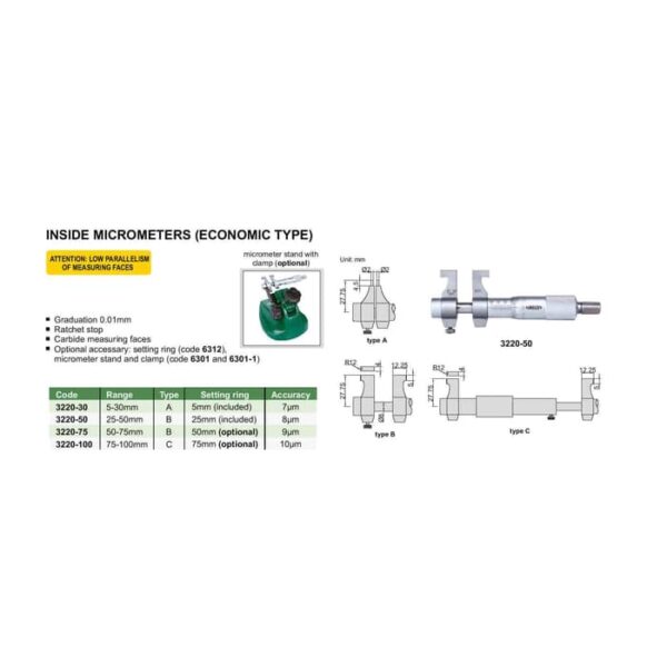 Inside Micrometer (with setting ring) 25-50mm Insize 3220-50-27257