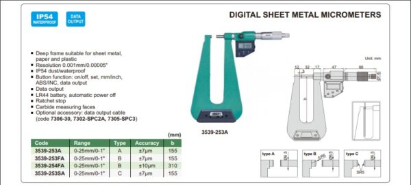 Mikrometer Digital Sheet Metal Micrometer (flat-spherical tips, throat depth 310mm) 0-25mm/0-1" Insize 3539-254FA-26217