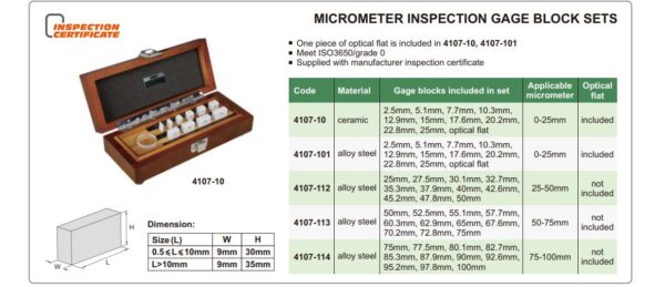 Micrometer Inspection Gage Block set (ISO3650 grade 0, alloy steel) Insize 4107-114-26712