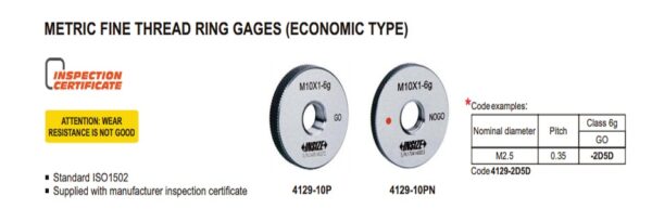 Kaliber Fine Thread Ring Gage, 6g, No Go, ISO 1502 M16x0.5 Insize 4129-16GN-0