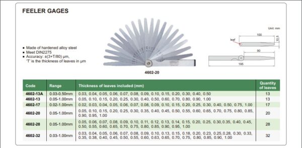 Pengukur Ketebalan Feeler Gage (length 100mm) 0.03-1.00mm Insize 4602-32-0