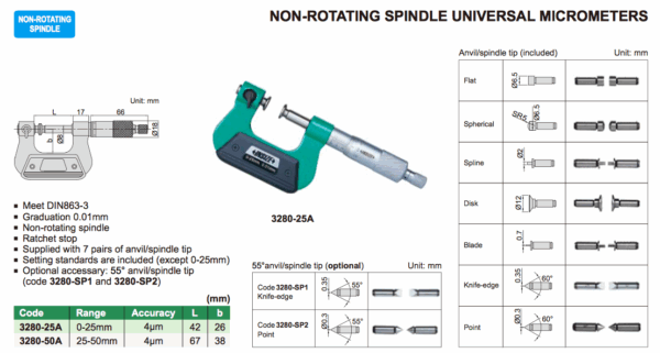 Non Rotating Spindle Universal Micrometer (with tips) 25-50mm Insize 3280-50A-26539