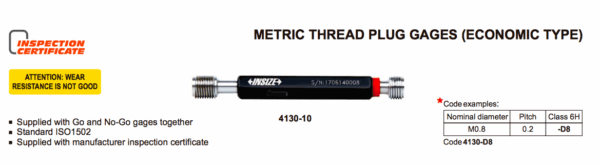 Thread Plug Gage 6H, Go and No Go, ISO 1502 M8x1.25 Insize 4130-8-0
