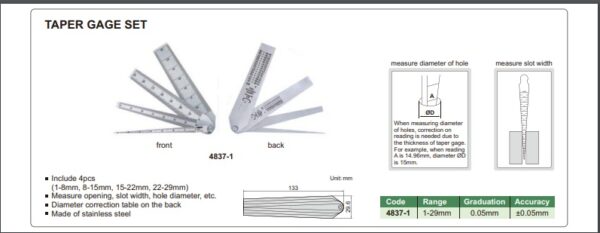 Alat Ukur Taper Gage Set 1-29mm Insize 4837-1-28155