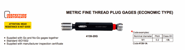 Fine Thread Plug Gage, 6H, Go and No Go, ISO 1502 M4x0.5 Insize 4139-4G-27612