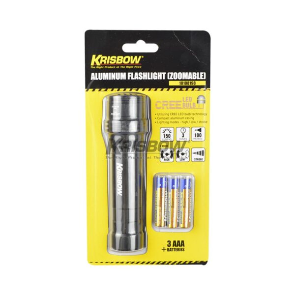 Senter Led Flaslight 150LM, 3XAAA Zoomable ALU Krisbow 10108198-29780