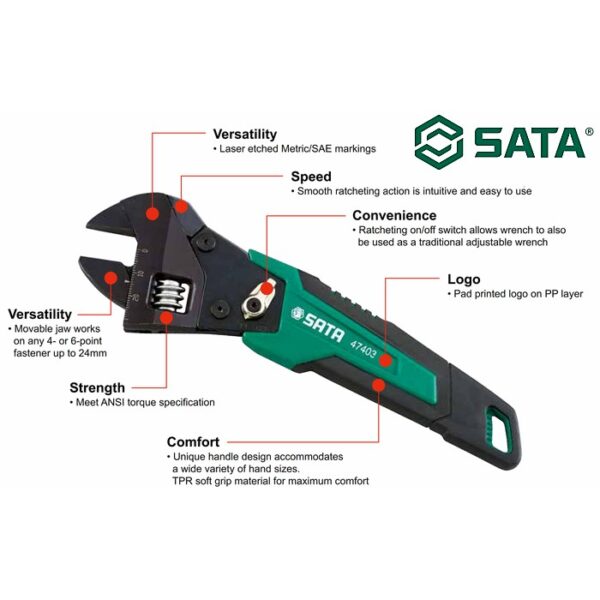 Ratcheting Adjustable Wrench 8 Inch Sata 47403-31328