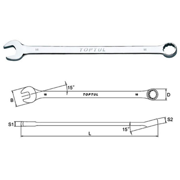 Kunci Extra Long Combination Wrench 15° Offset 16mm TopTul AAAL1616-0