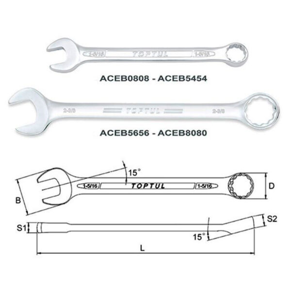 Kunci Kombinasi Standard Combination Wrench 15 Deg Offset SAE 1-1/4 inch Toptul ACEB4040-32496