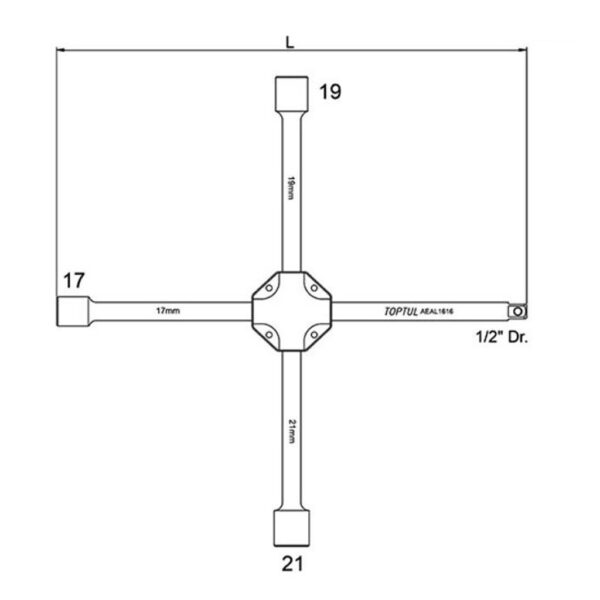 Kunci Pas 4-Way Wheel Nut Wrench 17 x 19 x 21mm x 1/2inch Dr. Toptul AEAL1616-32561